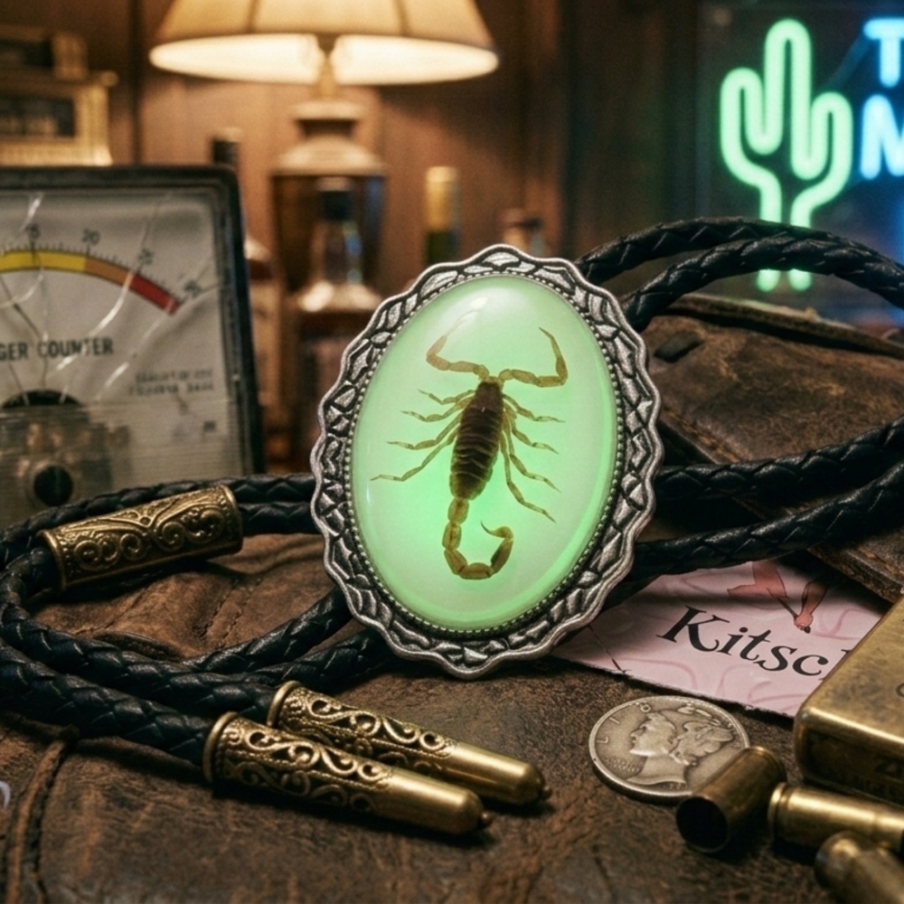 ⚛️🦂"Uranium Rock" Western Wasteland Luminous Scorpion Cameo Bolo Tie Unisex O/S